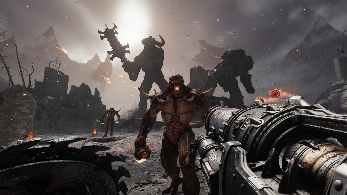 A screenshot of gameplay in DOOM: The Dark Ages where the player lines up to shoot at an attacking monster.